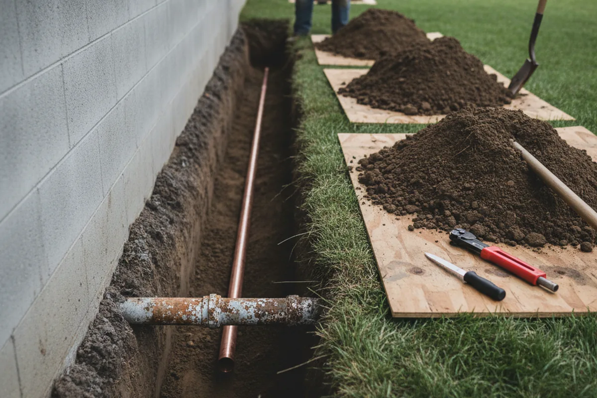 Excavated water line trench during Water Heater Repair in Walnut Grove